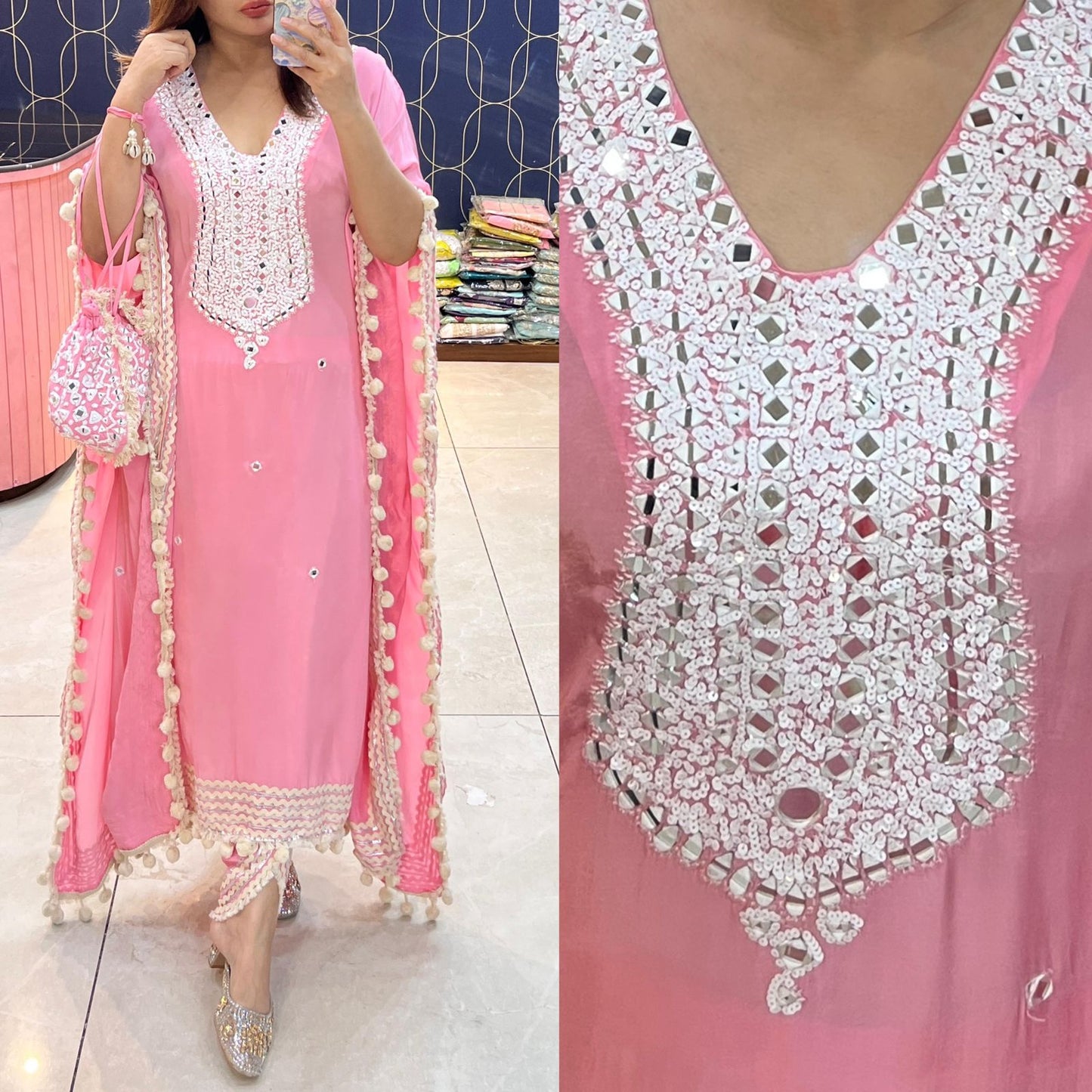 Article 1740 – Pure Natural Crepe Fabric Dhoti Kaftan with Mirror Work & Tassel Detailing | Sizes 40–46