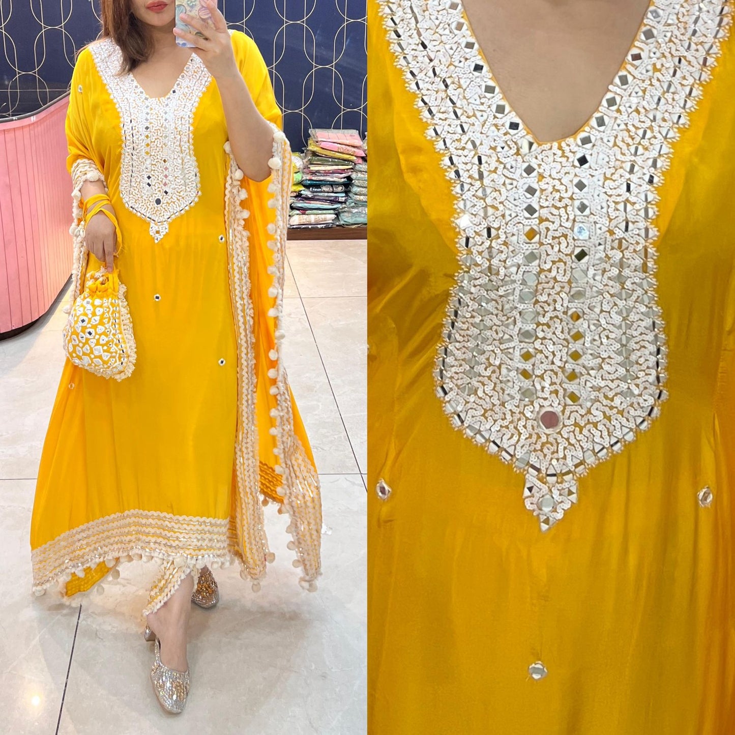 Article 1740 – Pure Natural Crepe Fabric Dhoti Kaftan with Mirror Work & Tassel Detailing | Sizes 40–46