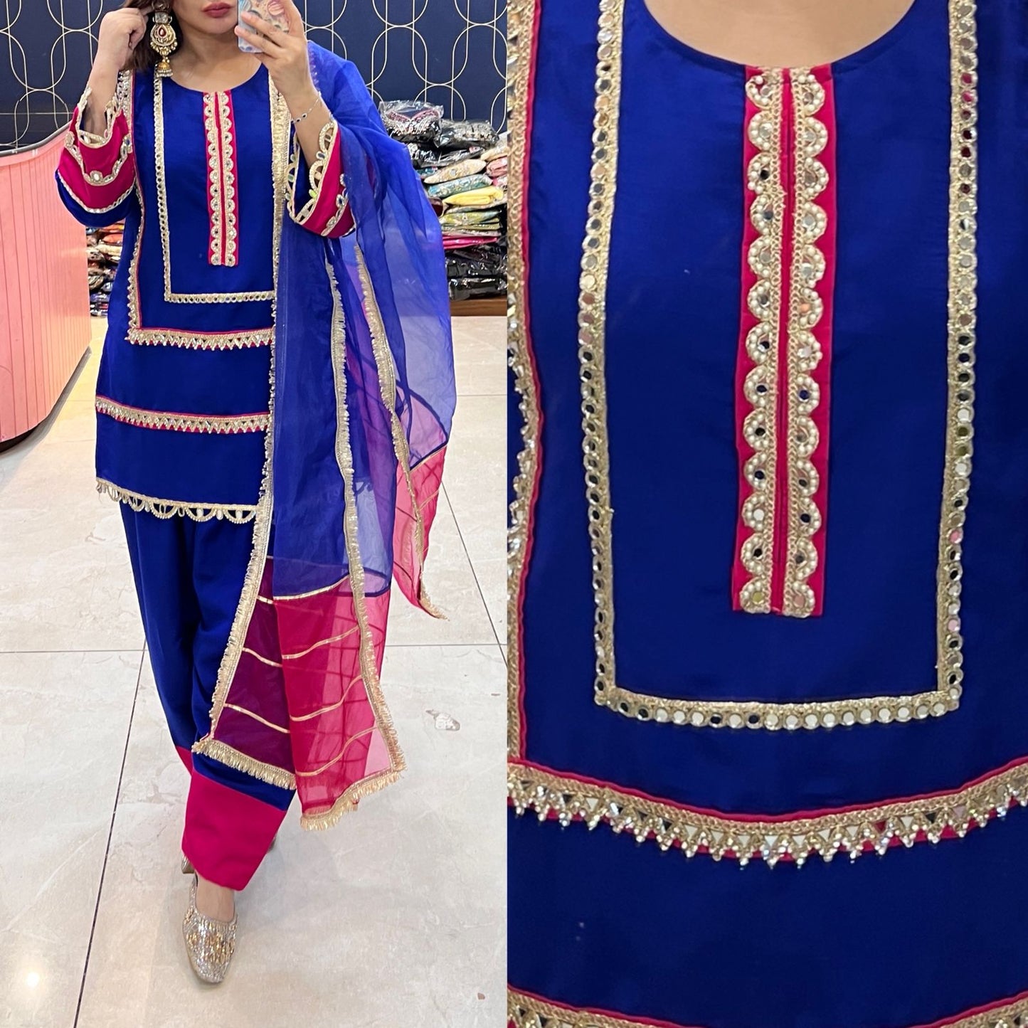 Article 1758 – Pure Cotton Silk Farshi Salwar Suit with Organza Dupatta & Mirror Work | Sizes 40–46