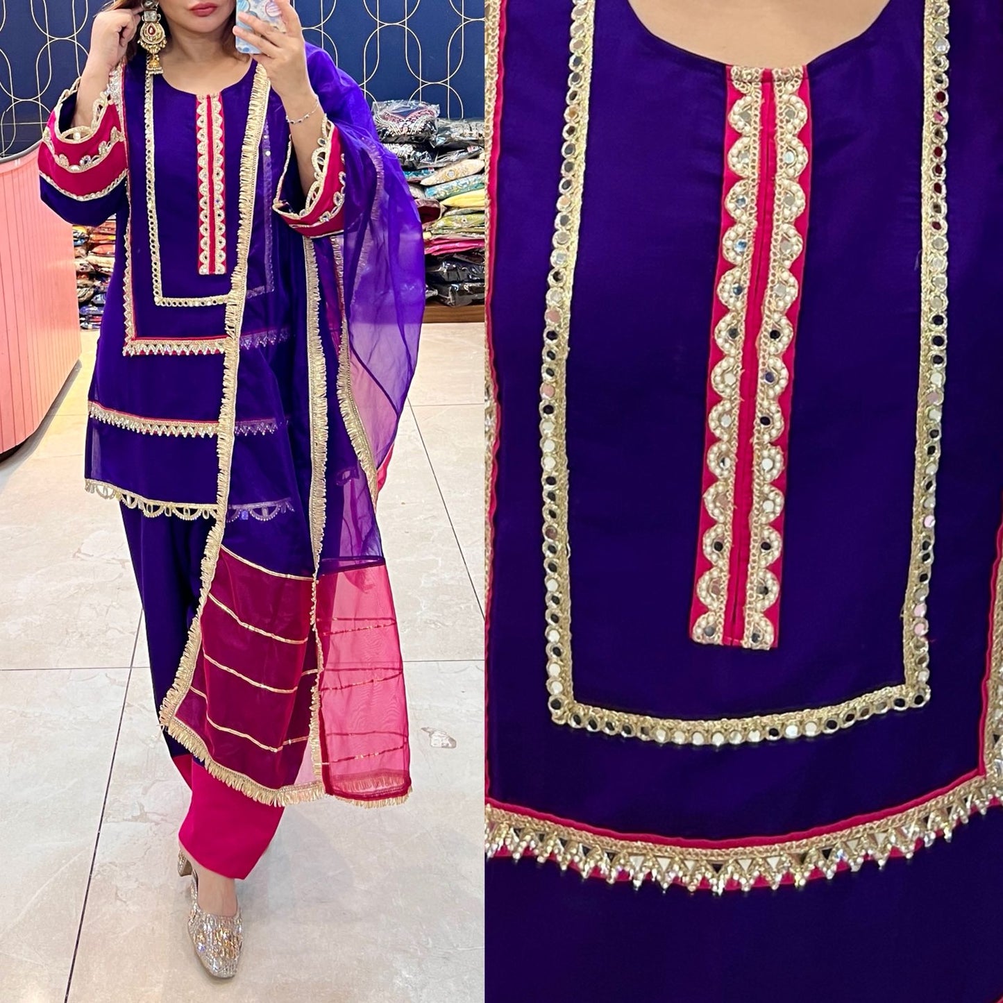 Article 1758 – Pure Cotton Silk Farshi Salwar Suit with Organza Dupatta & Mirror Work | Sizes 40–46