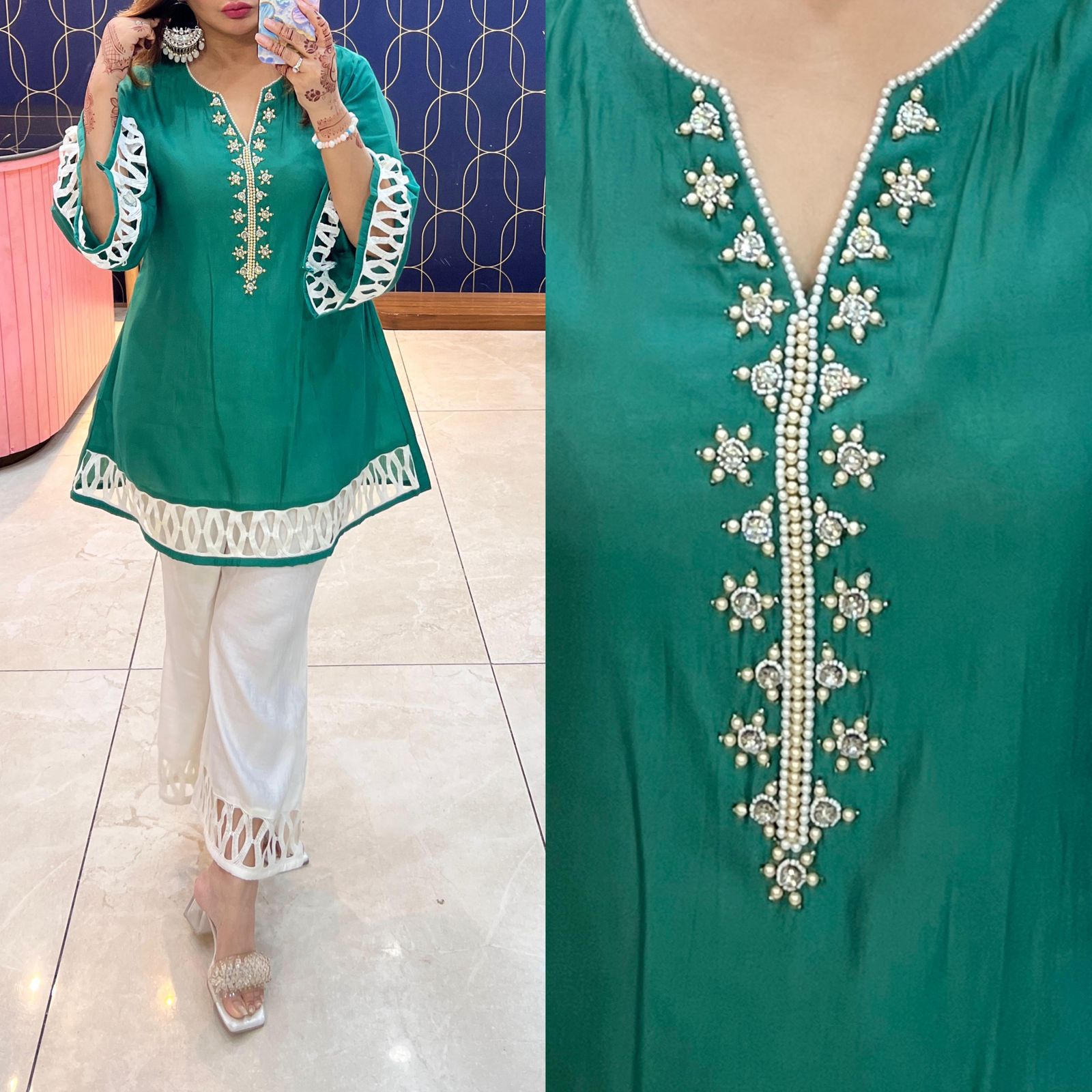 Article 1738 – Cotton Silk Co-ord Set with Designer Crochet Lace, Bell Bottom Pants & Handwork | Sizes 40–46