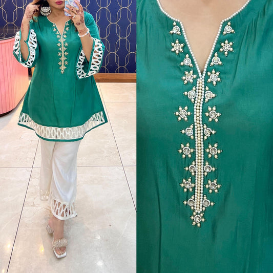 Article 1738 – Cotton Silk Co-ord Set with Designer Crochet Lace, Bell Bottom Pants & Handwork | Sizes 40–46