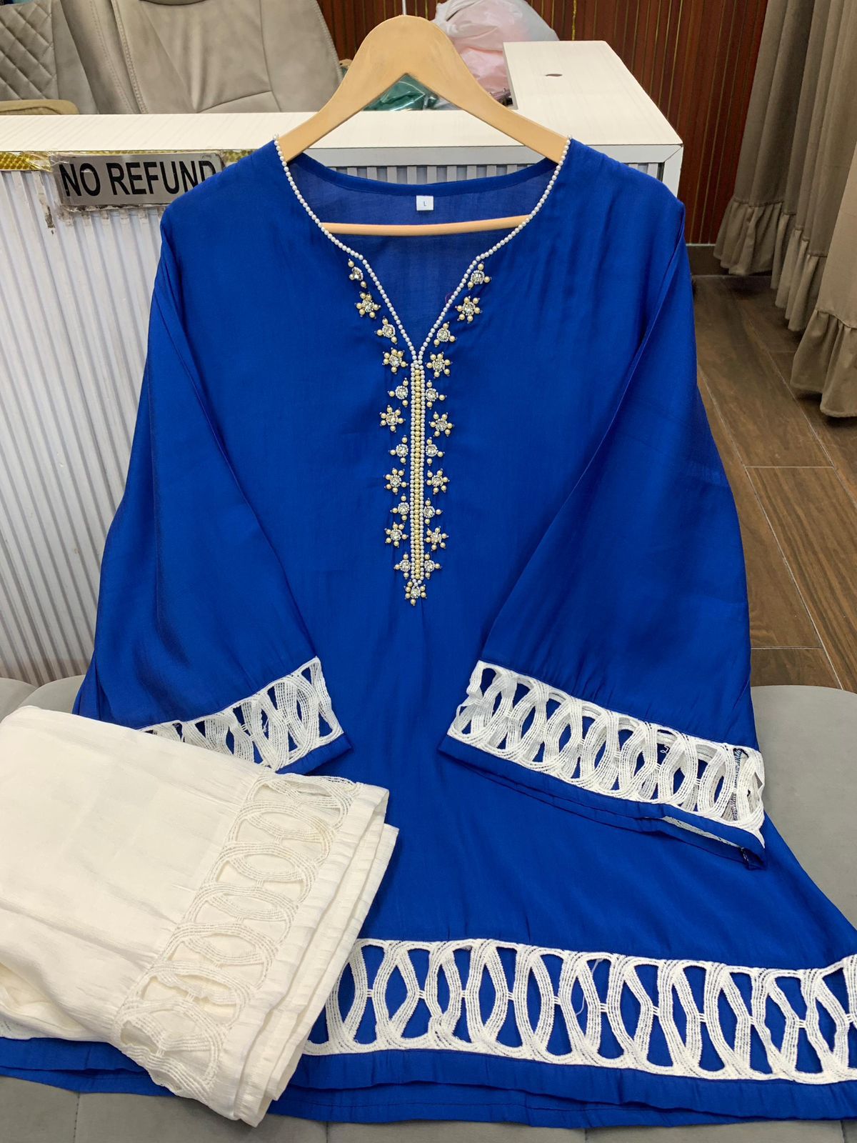 Article 1738 – Cotton Silk Co-ord Set with Designer Crochet Lace, Bell Bottom Pants & Handwork | Sizes 40–46