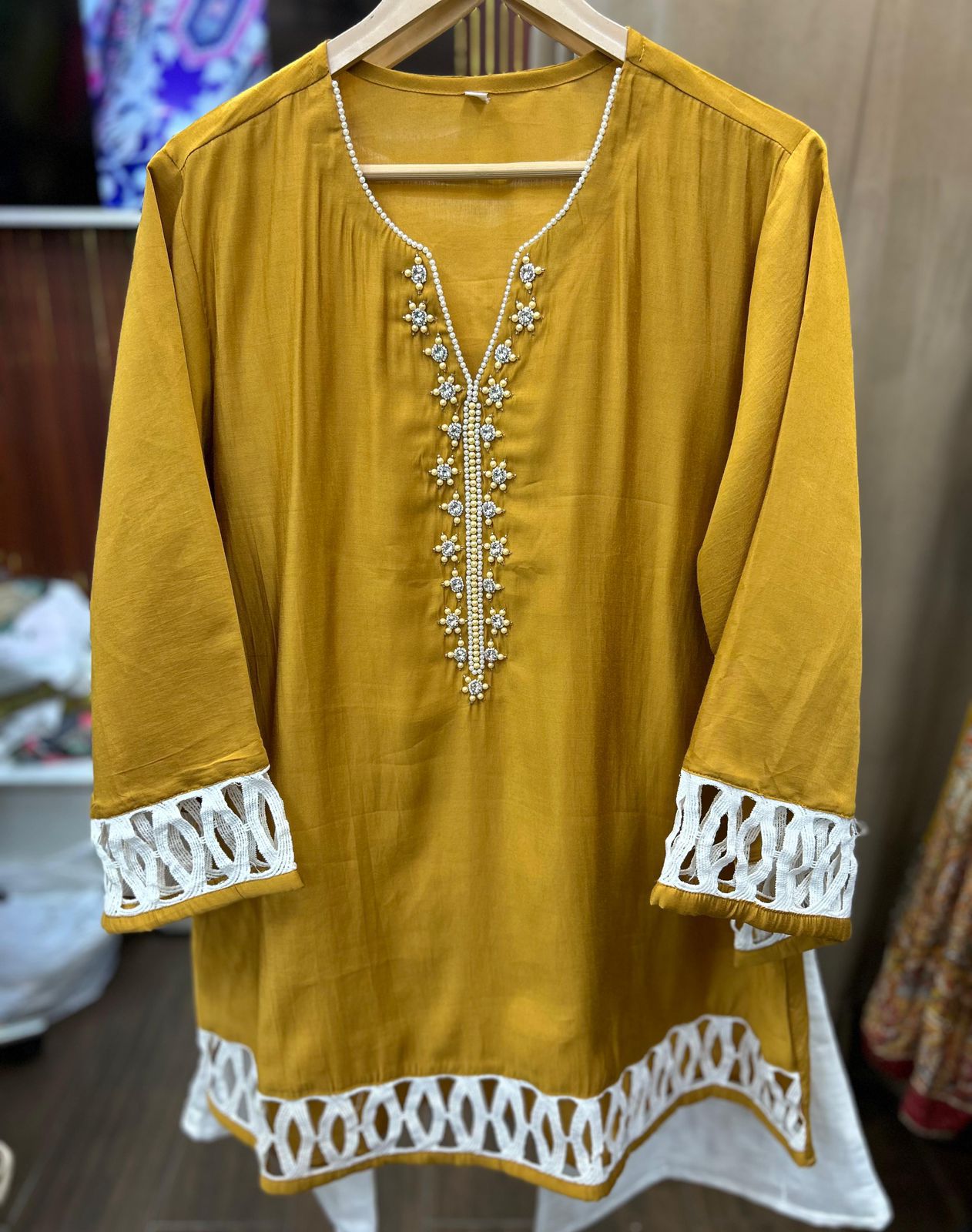 Article 1738 – Cotton Silk Co-ord Set with Designer Crochet Lace, Bell Bottom Pants & Handwork | Sizes 40–46