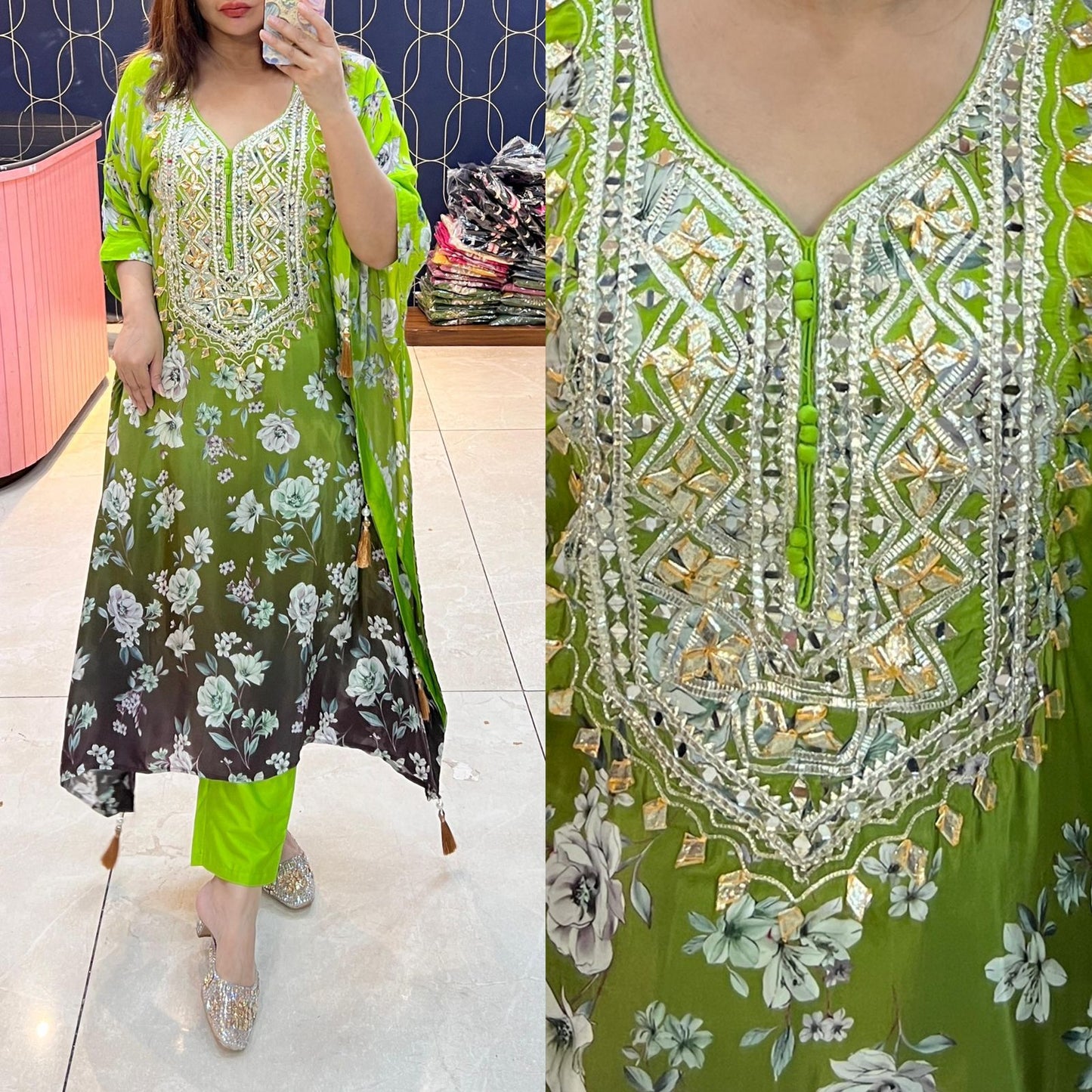 Article 1775 - Pure Crepe Fabric Kaftan with Bottom & Beautiful Gota Patti Work | Sizes 40–46