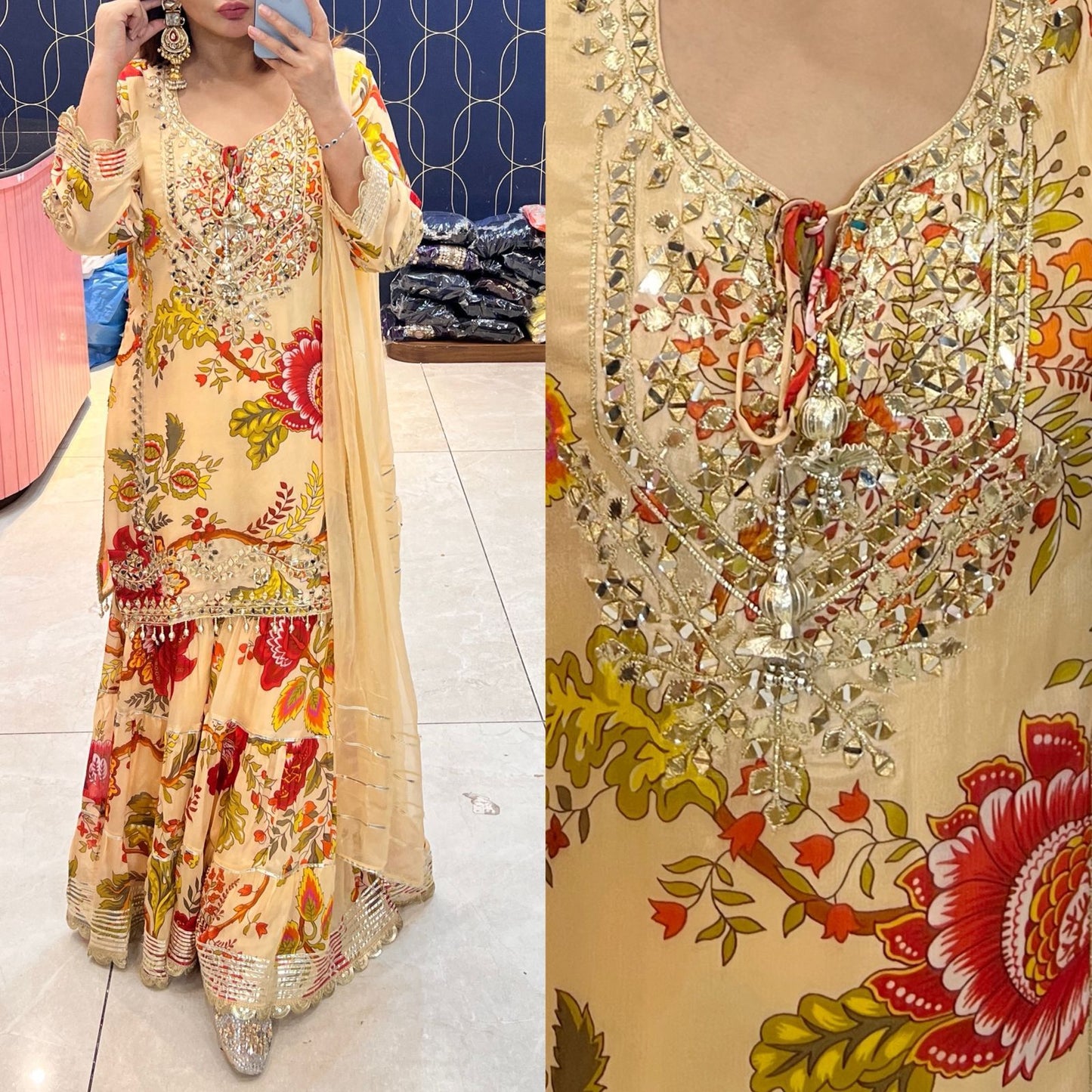 Article 1831 – Pure Crepe Fabric Sharara Suit with Dupatta & Gota Patti Work | Sizes 40–46