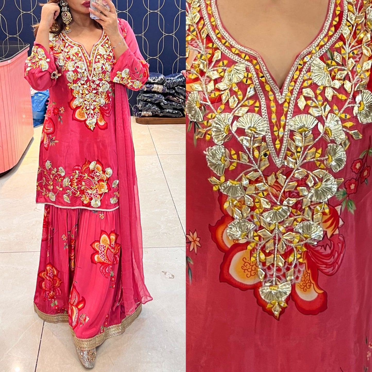 Article 1831 – Pure Crepe Fabric Sharara Suit with Dupatta & Gota Patti Work | Sizes 40–46