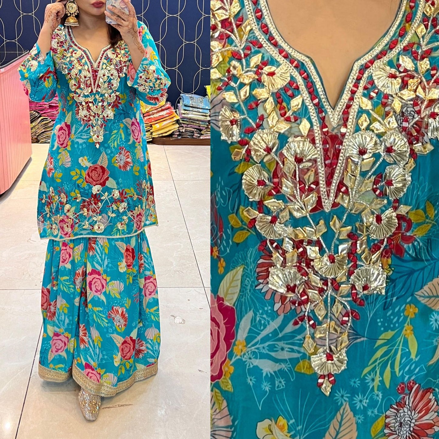 Article 1831 – Pure Crepe Fabric Sharara Suit with Dupatta & Gota Patti Work | Sizes 40–46