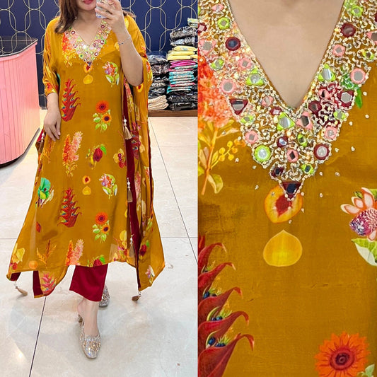 Article 1596 – Digital Printed Kaftan With Handwork, Sequins & Real Mirror Embroidery