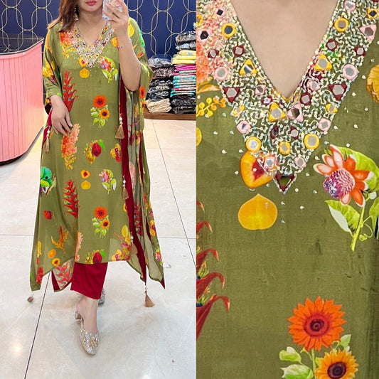 Article 1596 – Digital Printed Kaftan With Handwork, Sequins & Real Mirror Embroidery