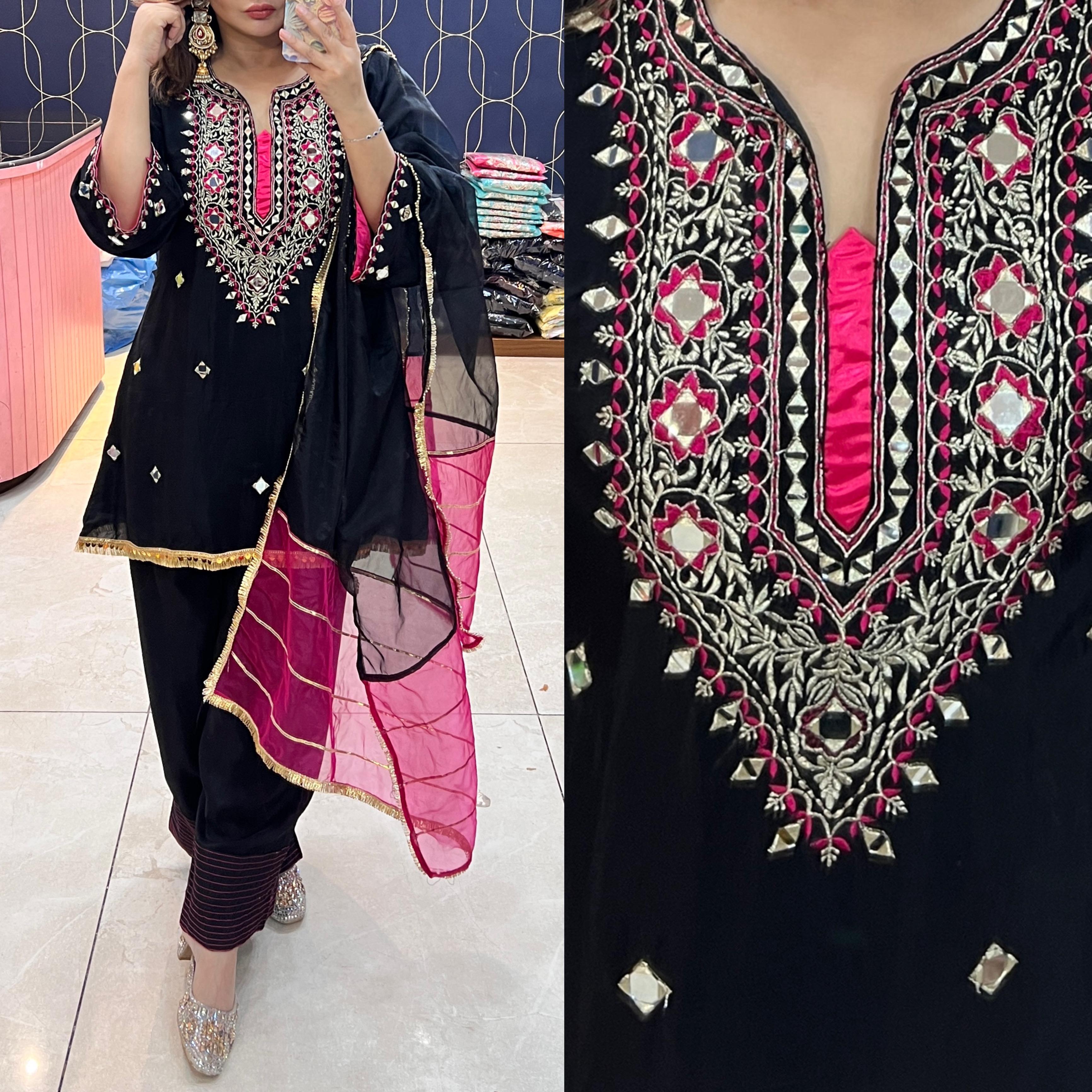 Article 1911 – Pure Crepe Farshi Salwar Suit With Two-Tone Organza Dupatta & Mirror Work