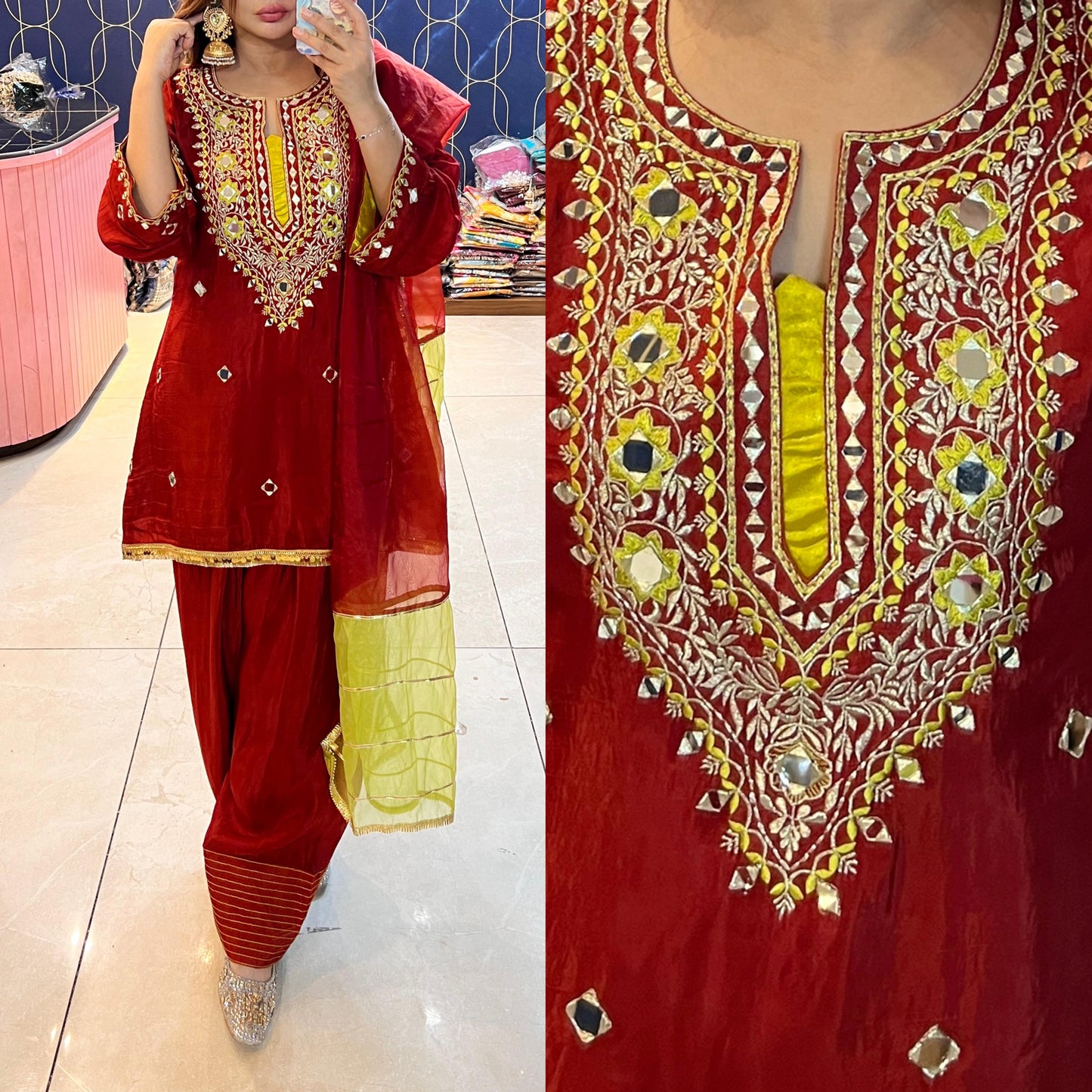 Article 1911 – Pure Crepe Farshi Salwar Suit With Two-Tone Organza Dupatta & Mirror Work