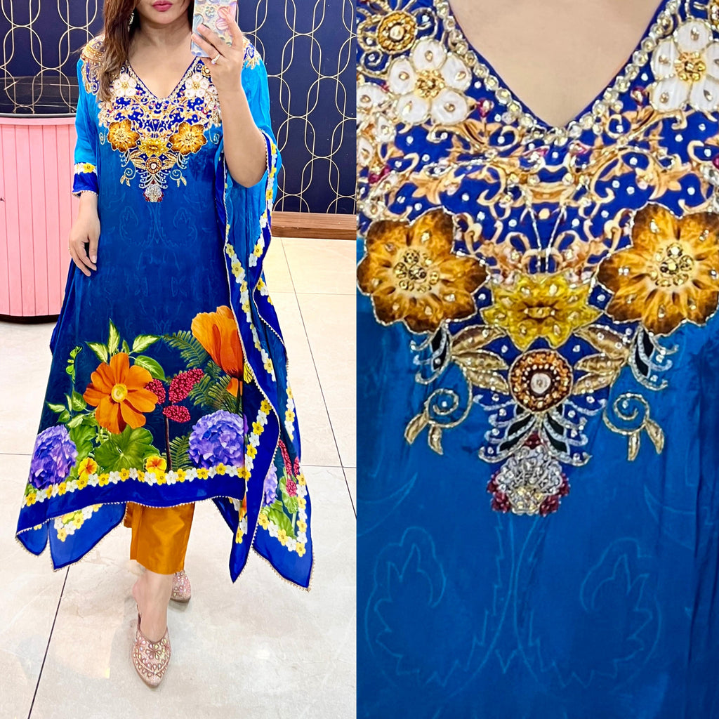 Article 1405 – Pure Natural Crape Kaftan with Handwork & Imported Cotton Pant