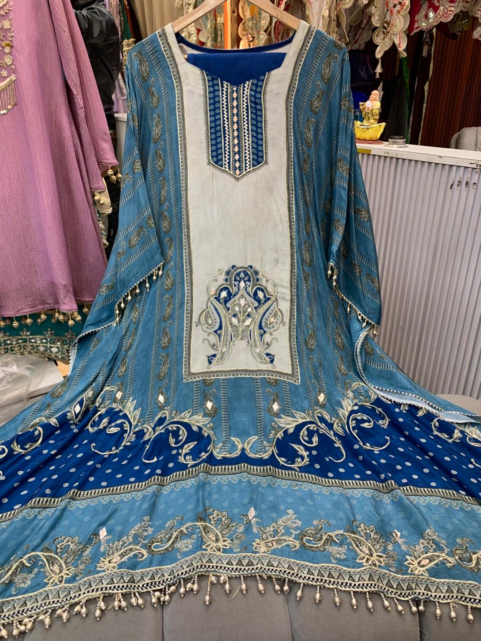 Article 1826 – Pure Crepe Digital Printed Kaftan With Gotta Patti & Real Mirror Work