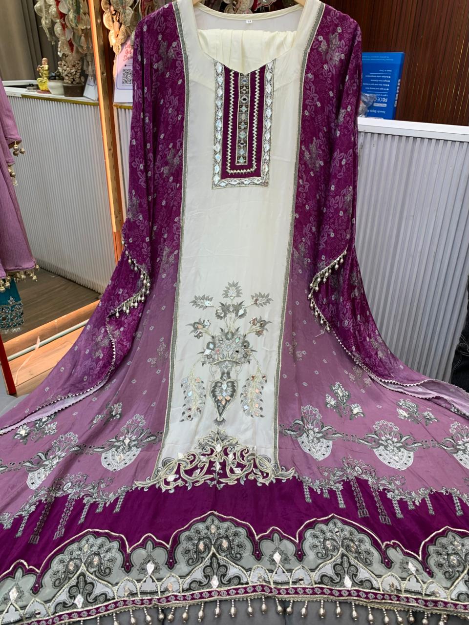 Article 1826 – Pure Crepe Digital Printed Kaftan With Gotta Patti & Real Mirror Work