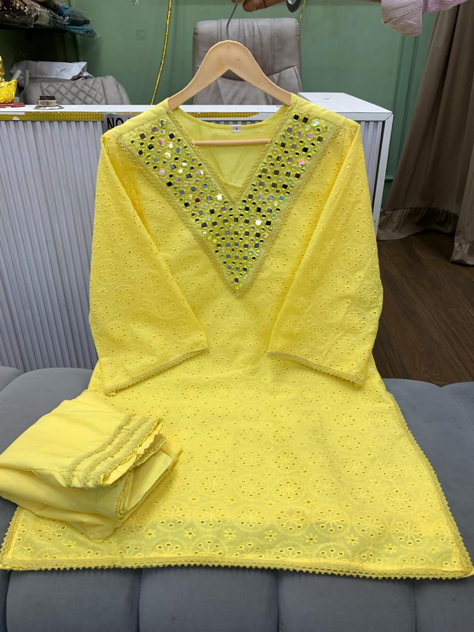 Article 1414 – Pure Cotton Chifli Suit with Original Mirror Work & Lace Detailing | Urban Closet