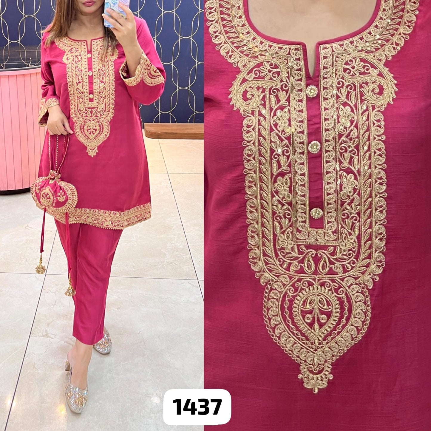 Article 1437 – Rutba Khan Potli Cord Set | Imported Cotton Silk with Embroidery | Urban Closet