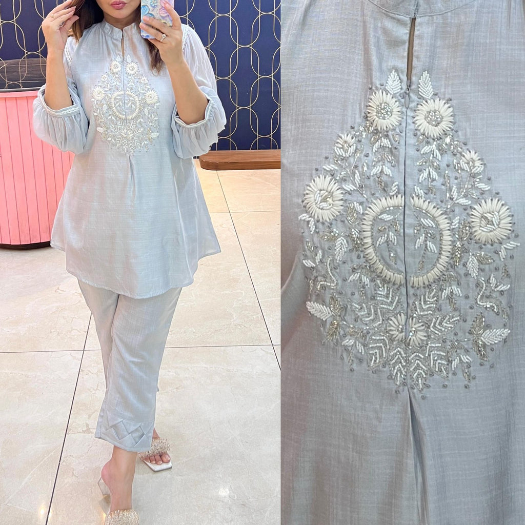 Article 1275 – Chiffon Sleeves Cord Set with Handwork & Designer Pant | Urban Closet