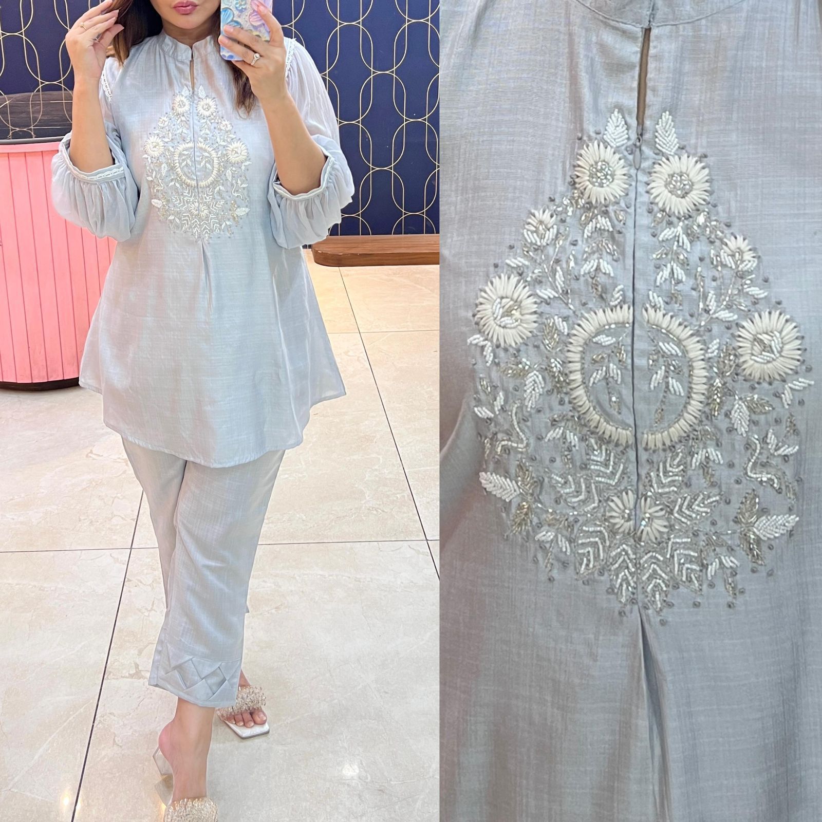 Article 1275 – Chiffon Sleeves Cord Set with Handwork & Designer Pant | Urban Closet