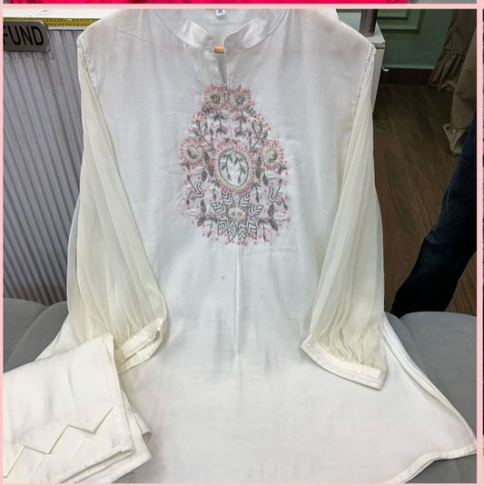 Article 1275 – Chiffon Sleeves Cord Set with Handwork & Designer Pant | Urban Closet