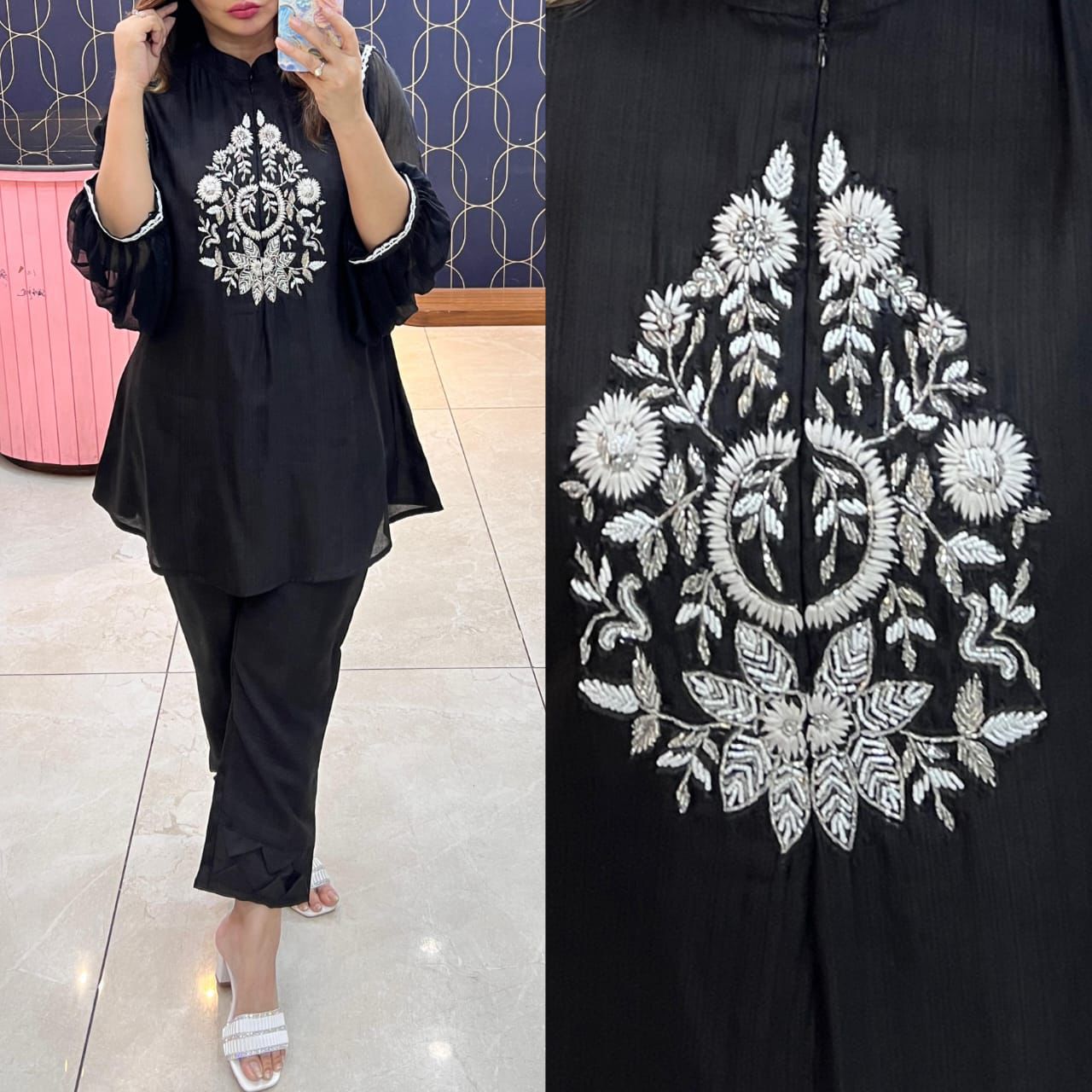 Article 1275 – Chiffon Sleeves Cord Set with Handwork & Designer Pant | Urban Closet