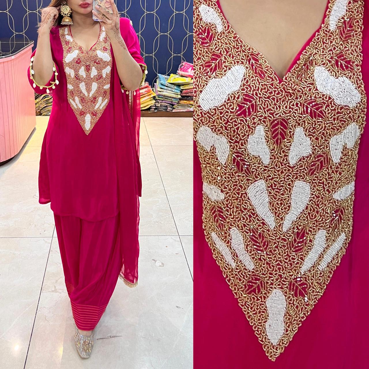 Article 1823 – Pure Crepe Farshi Salwar Suit With Handwork & Cutdana Work | Sizes L–3XL