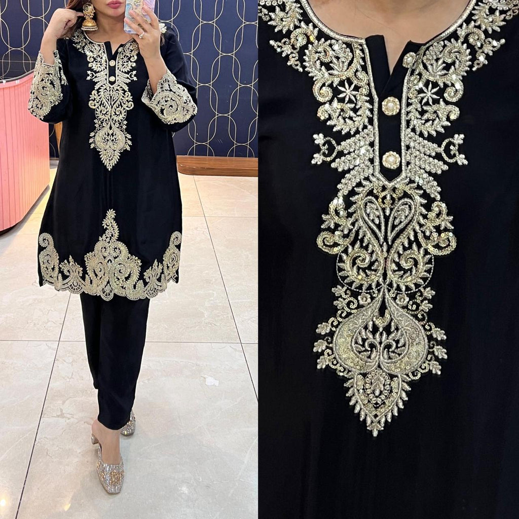 Article 1705 – Pure Crepe Kurti With Beautiful Embroidery | Sizes L to 3XL