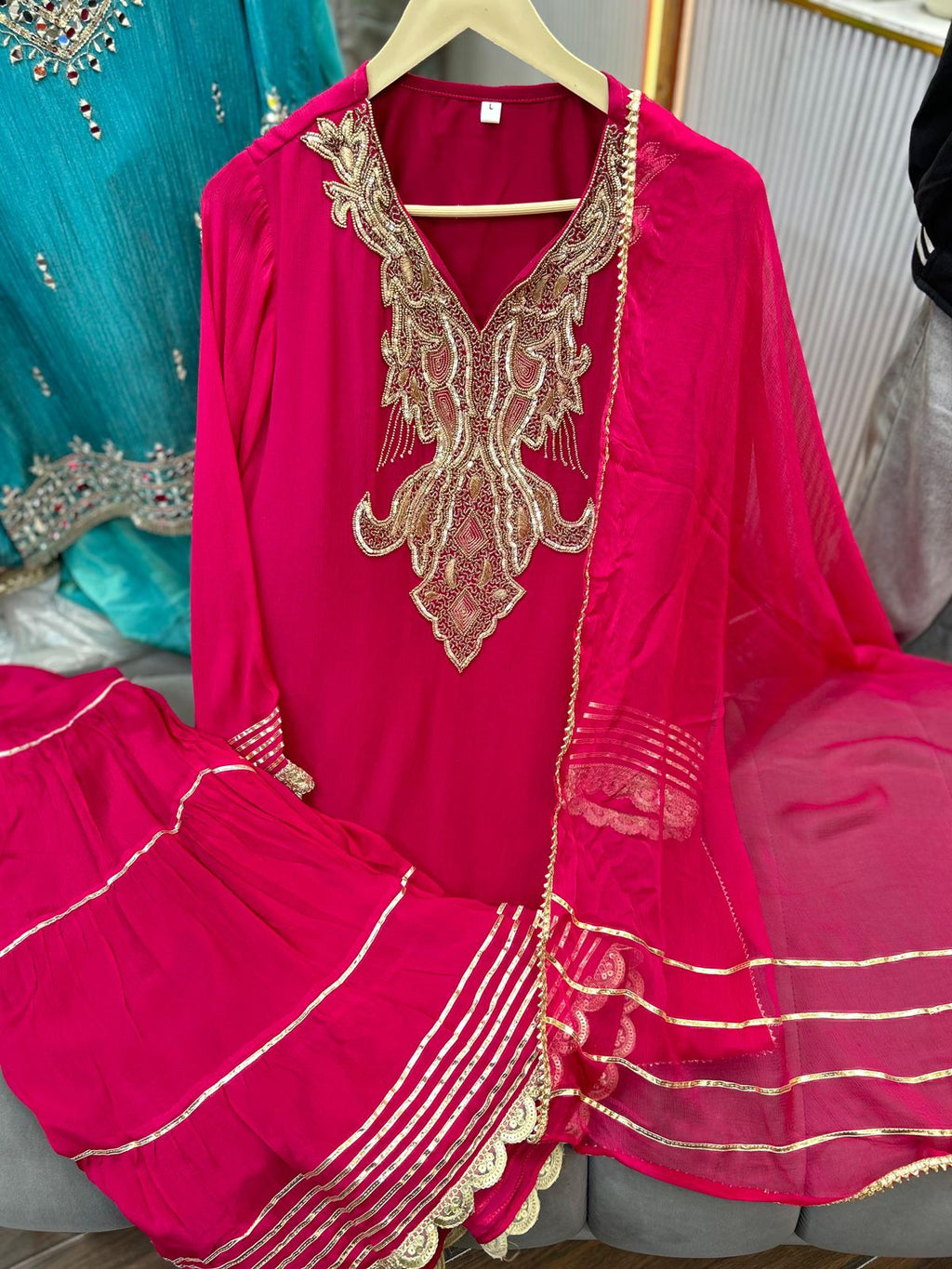 Article 1918 – Pure Chinon Crepe Handwork Sharara Suit | Urban Closet