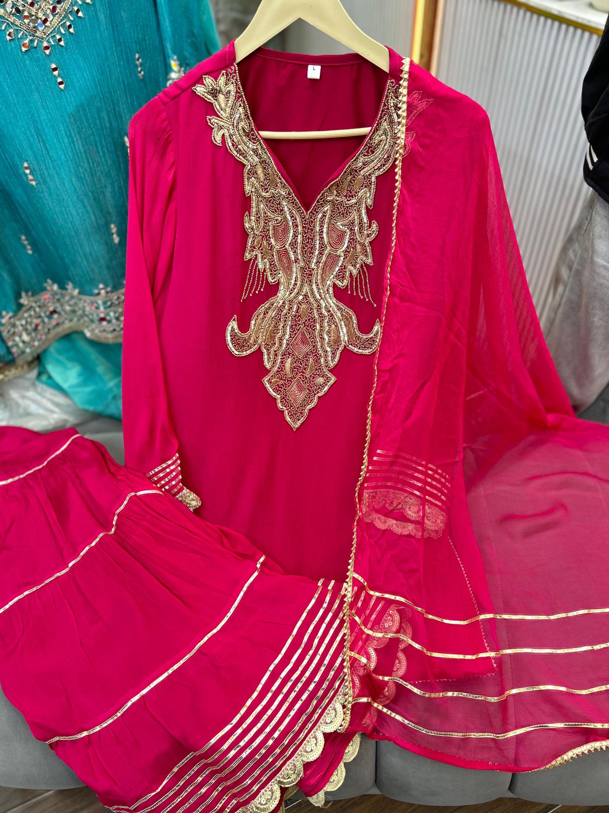 Article 1918 – Pure Chinon Crepe Handwork Sharara Suit | Urban Closet