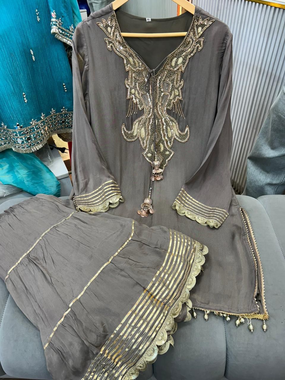 Article 1918 – Pure Chinon Crepe Handwork Sharara Suit | Urban Closet