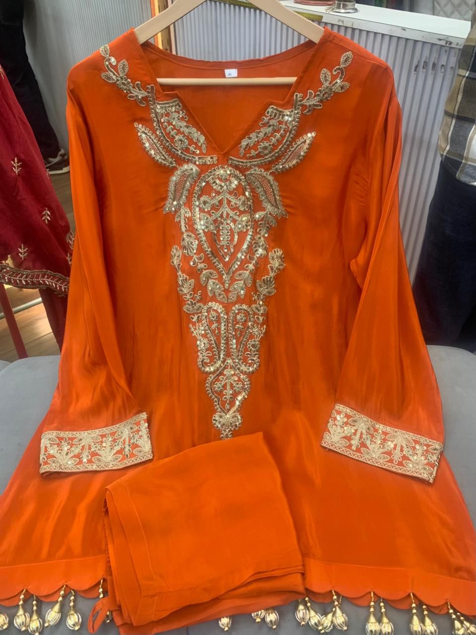 Article 1704 – Pure Crepe Embroidered Co-ord Set with Tassels | Sizes 40–46