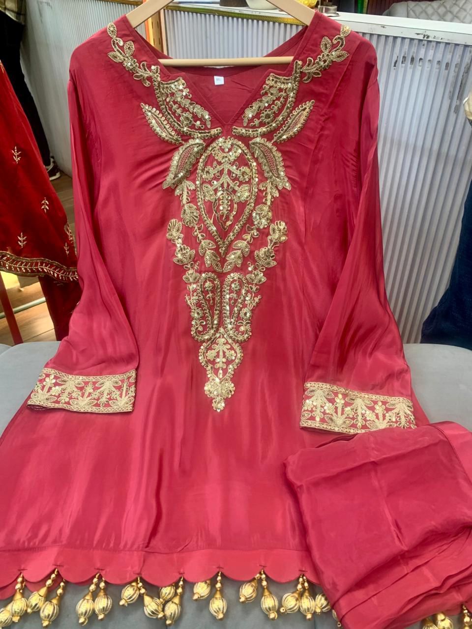 Article 1704 – Pure Crepe Embroidered Co-ord Set with Tassels | Sizes 40–46