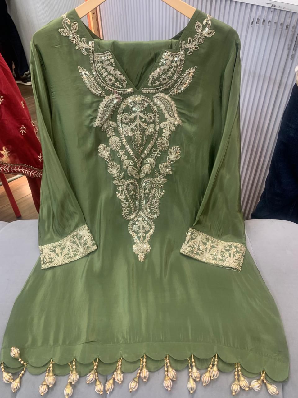 Article 1704 – Pure Crepe Embroidered Co-ord Set with Tassels | Sizes 40–46