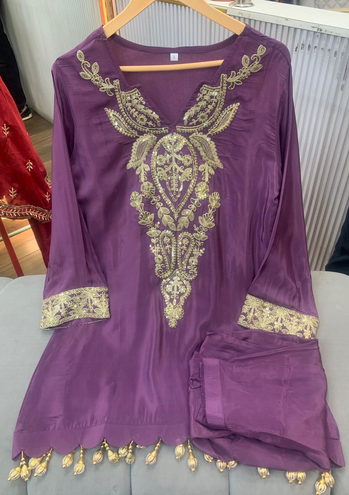 Article 1704 – Pure Crepe Embroidered Co-ord Set with Tassels | Sizes 40–46