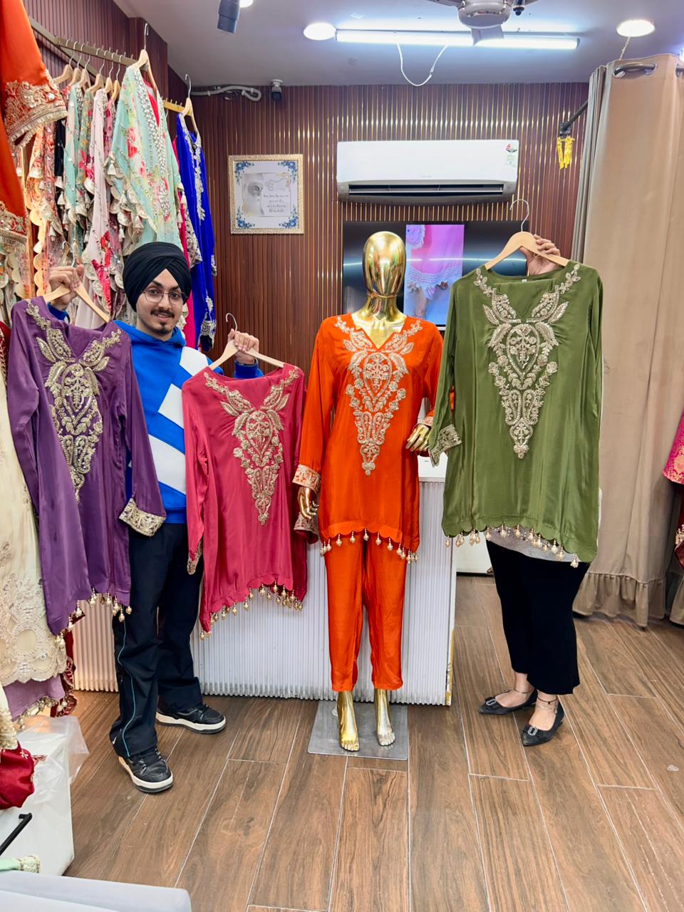 Article 1704 – Pure Crepe Embroidered Co-ord Set with Tassels | Sizes 40–46