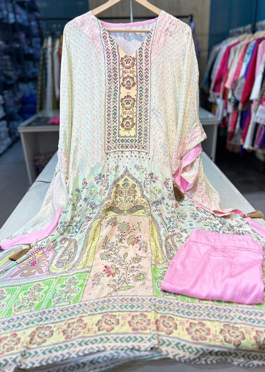 Article 1696 – Pure Crepe Digital Printed Kaftan with Premium Cutdana Handwork | Sizes 40–46 | Urban Closet