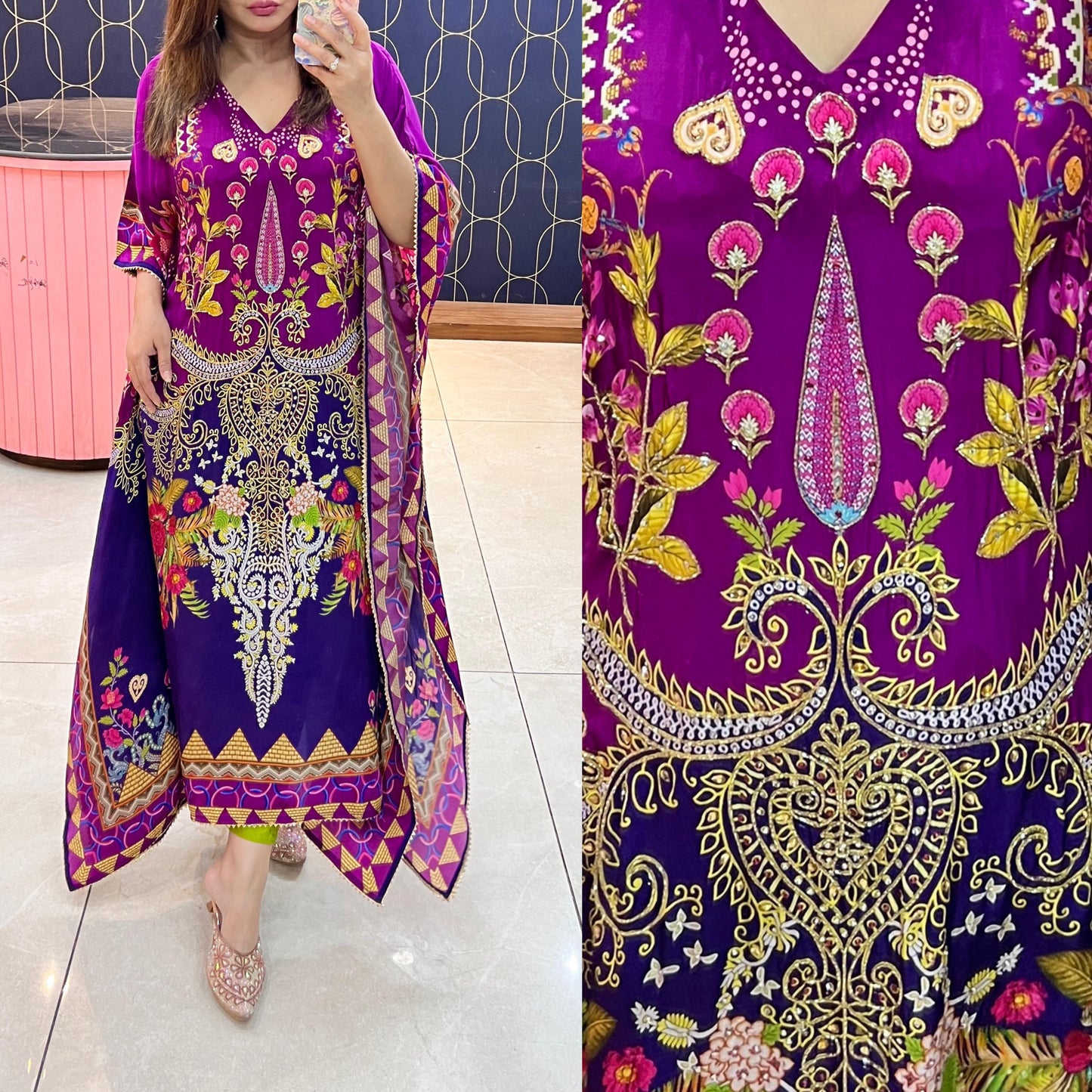 Article 1696 – Pure Crepe Digital Printed Kaftan with Premium Cutdana Handwork | Sizes 40–46 | Urban Closet