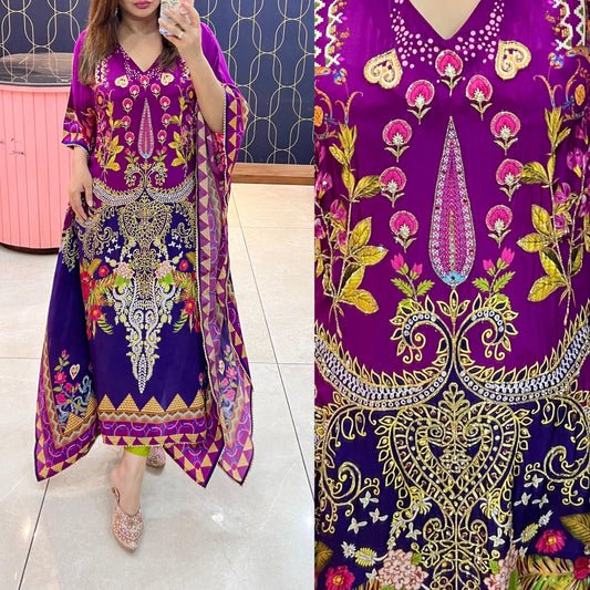 Article 1696 – Pure Crepe Digital Printed Kaftan with Premium Cutdana Handwork | Sizes 40–46 | Urban Closet