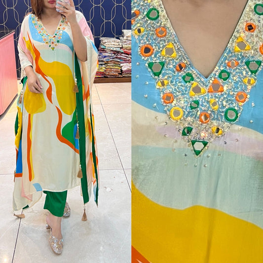 Article 1596 – Pure Crepe Kaftan Style Printed Suit with Mirror Work | Urban Closet | Sizes 40–46