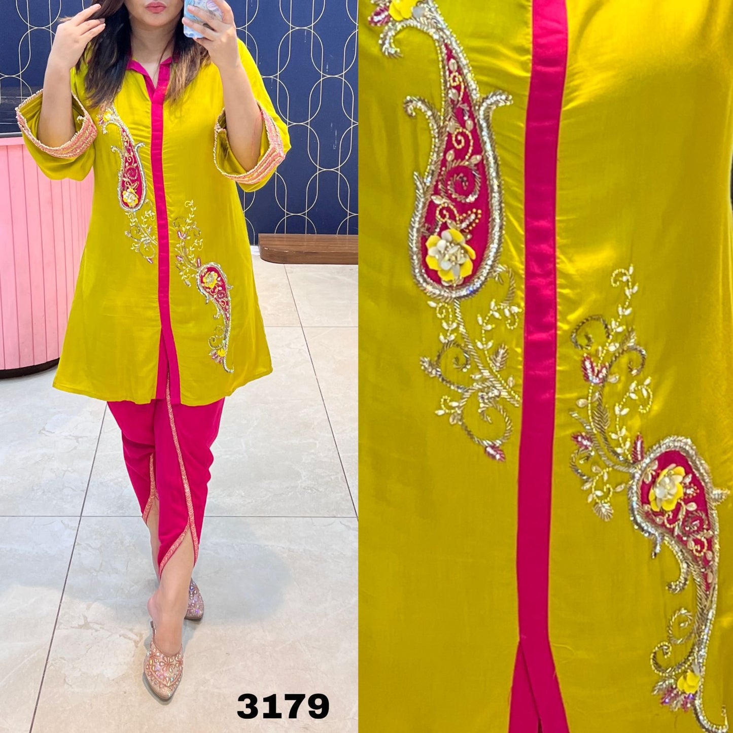 Article 3179 – Tulip Cord Set | Cotton Rayon Designer CordSet with Dhoti Bottom & Handwork Embroidery | Sizes 40–46