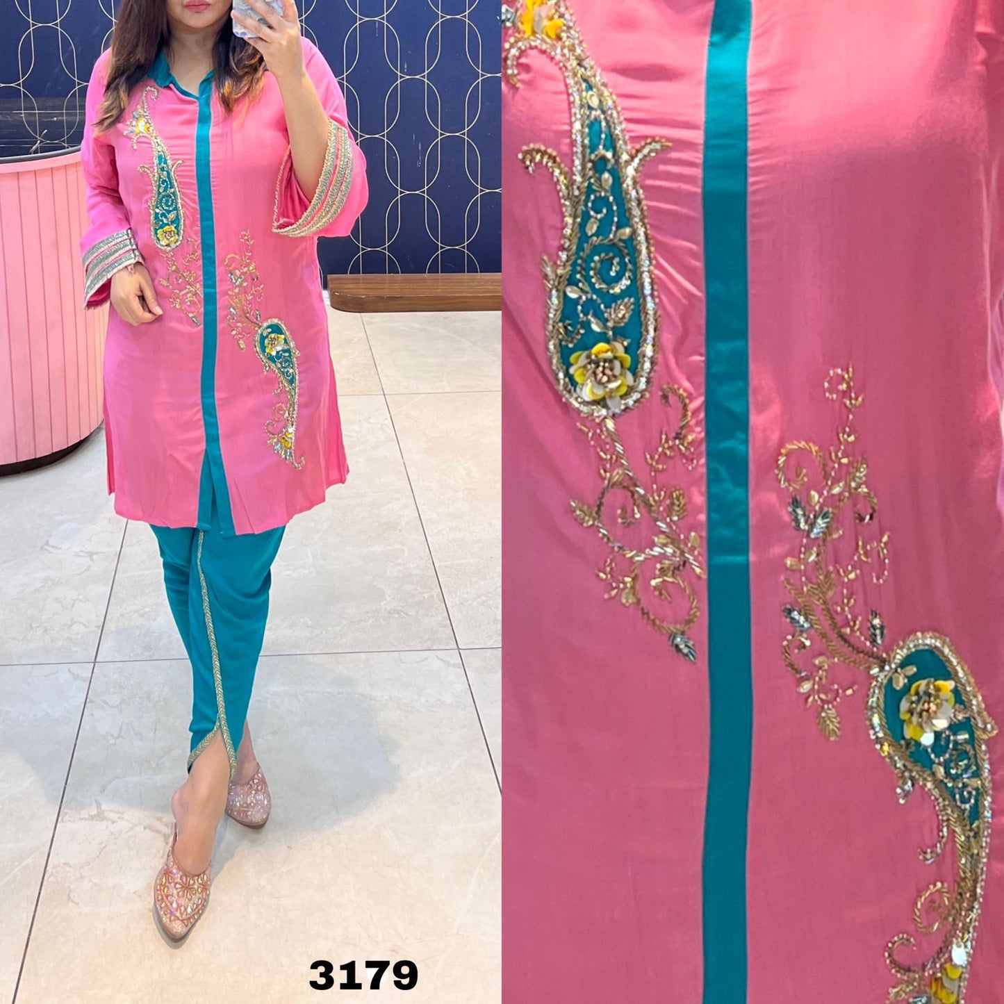 Article 3179 – Tulip Cord Set | Cotton Rayon Designer CordSet with Dhoti Bottom & Handwork Embroidery | Sizes 40–46