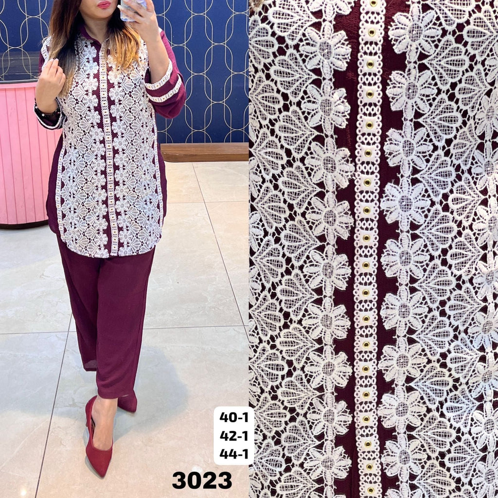 Article 3023 – Premium Georgette Crochet Cordset for Women | Designer Co-ord Set | Sizes 40–44