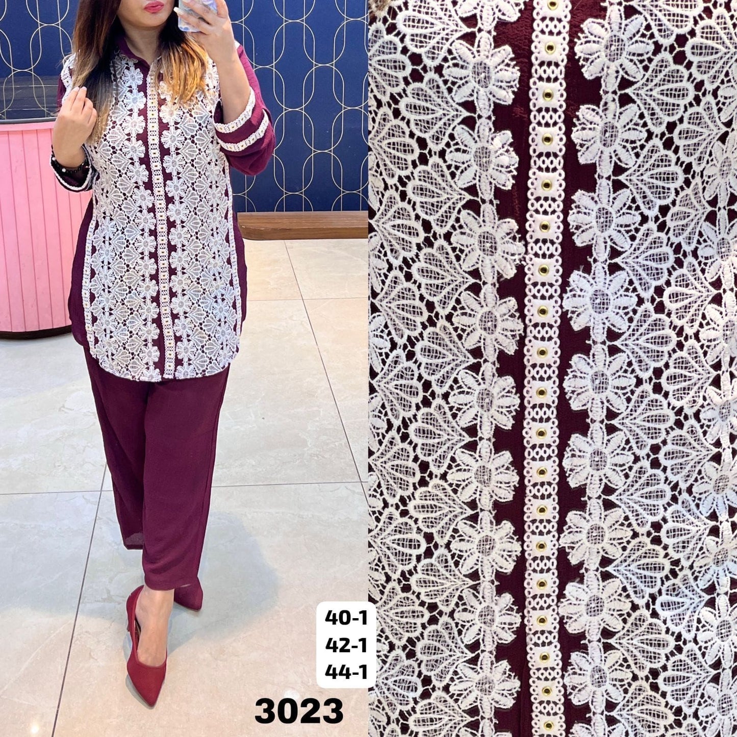 Article 3023 – Premium Georgette Crochet Cordset for Women | Designer Co-ord Set | Sizes 40–44