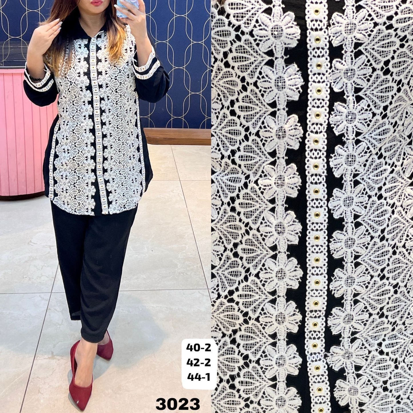 Article 3023 – Premium Georgette Crochet Cordset for Women | Designer Co-ord Set | Sizes 40–44