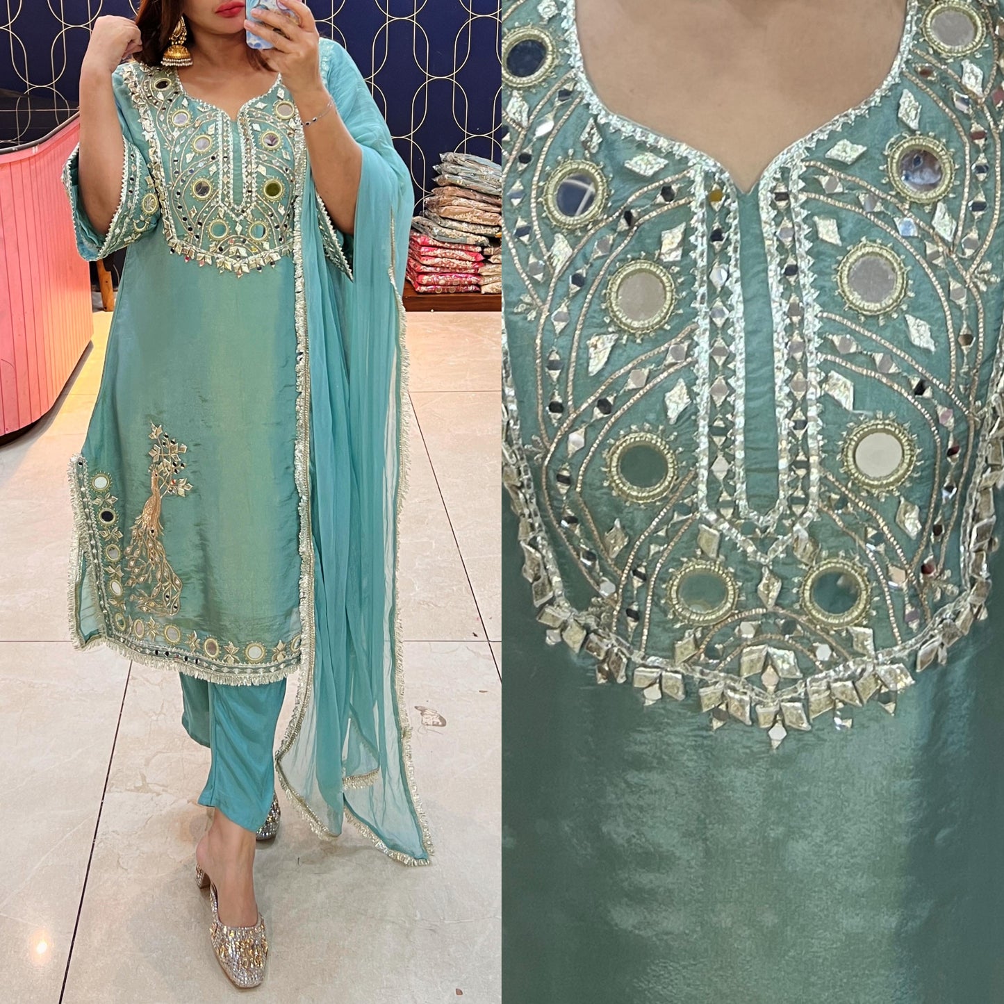 Article 1880 – Pure Glass Tissue Choga Set with Gota Patti & Mirror Work | Premium Festive Wear | Sizes 40–46