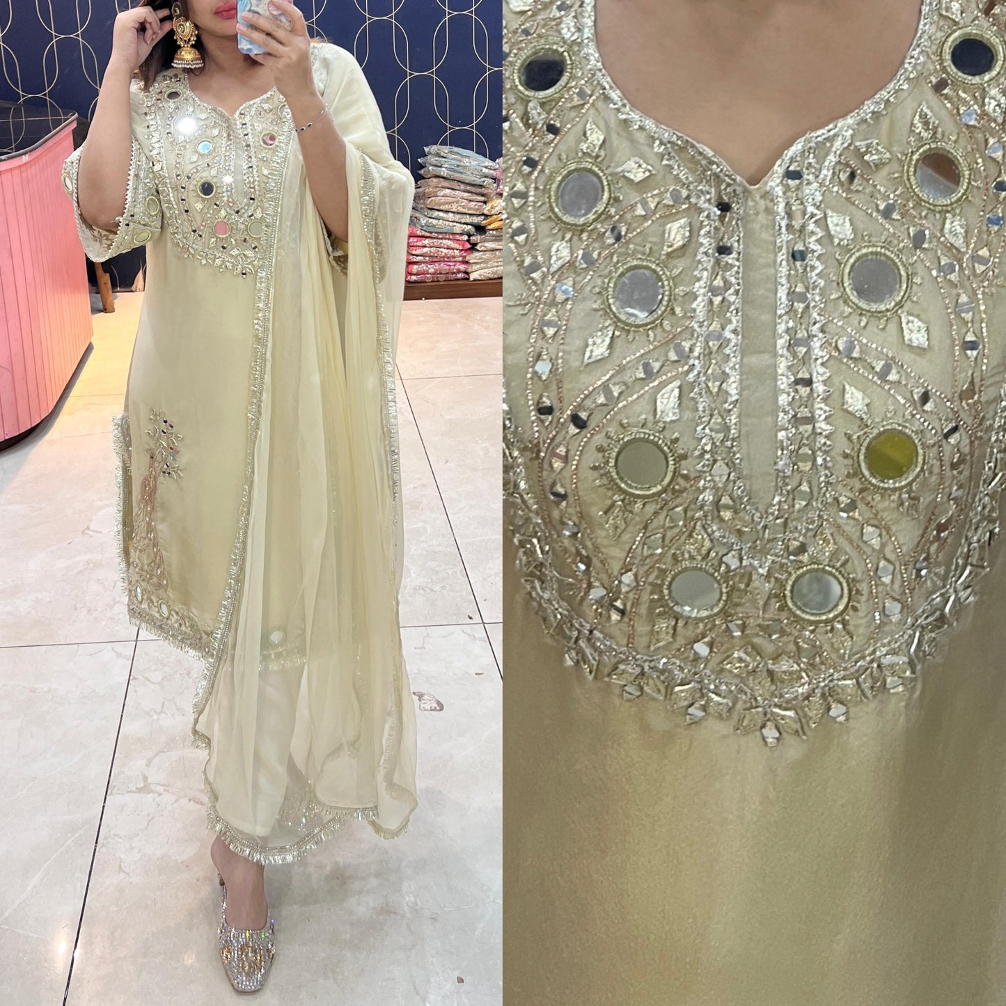 Article 1880 – Pure Glass Tissue Choga Set with Gota Patti & Mirror Work | Premium Festive Wear | Sizes 40–46