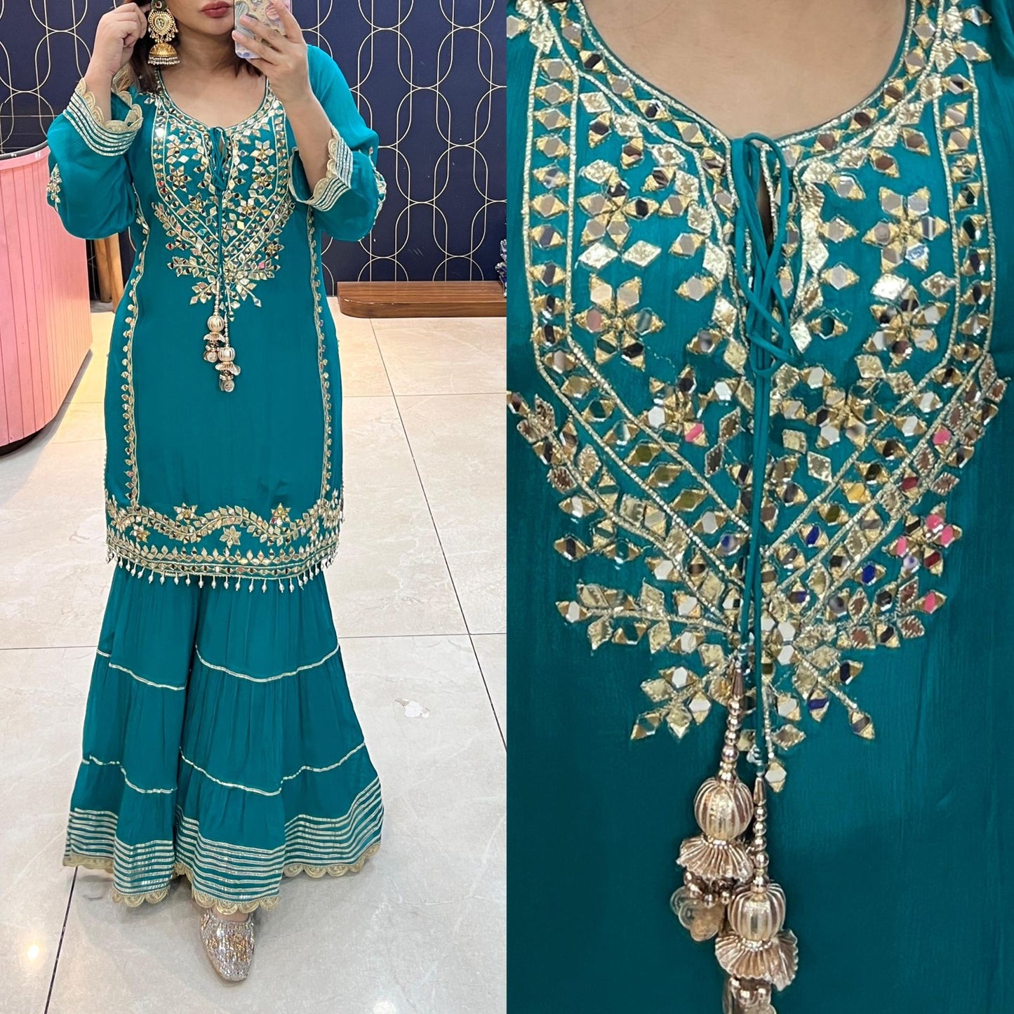 Article 1861 – Pure Chinon Sharara Suit with Mirror & Gota Patti Handwork | Premium Festive Wear