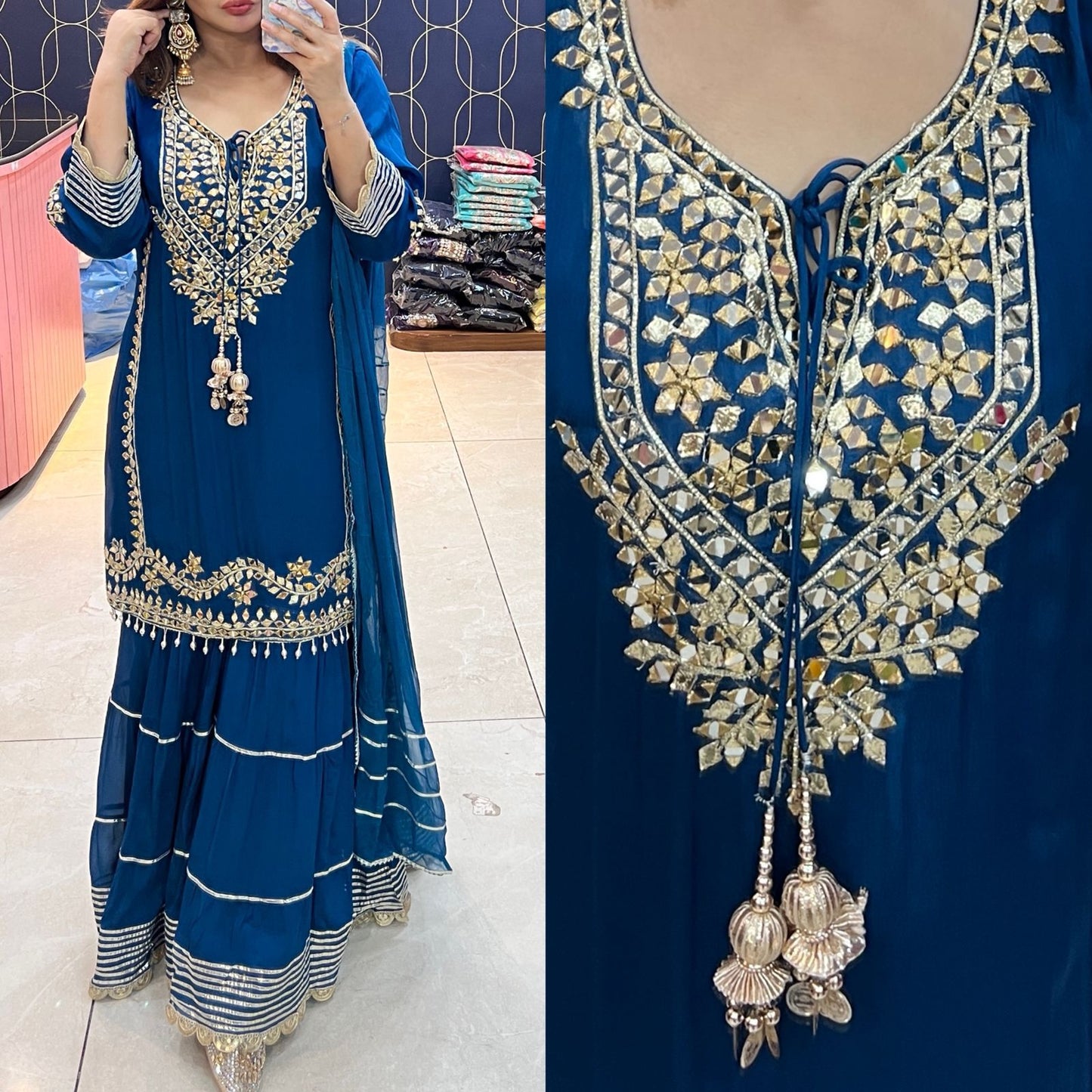 Article 1861 – Pure Chinon Sharara Suit with Mirror & Gota Patti Handwork | Premium Festive Wear