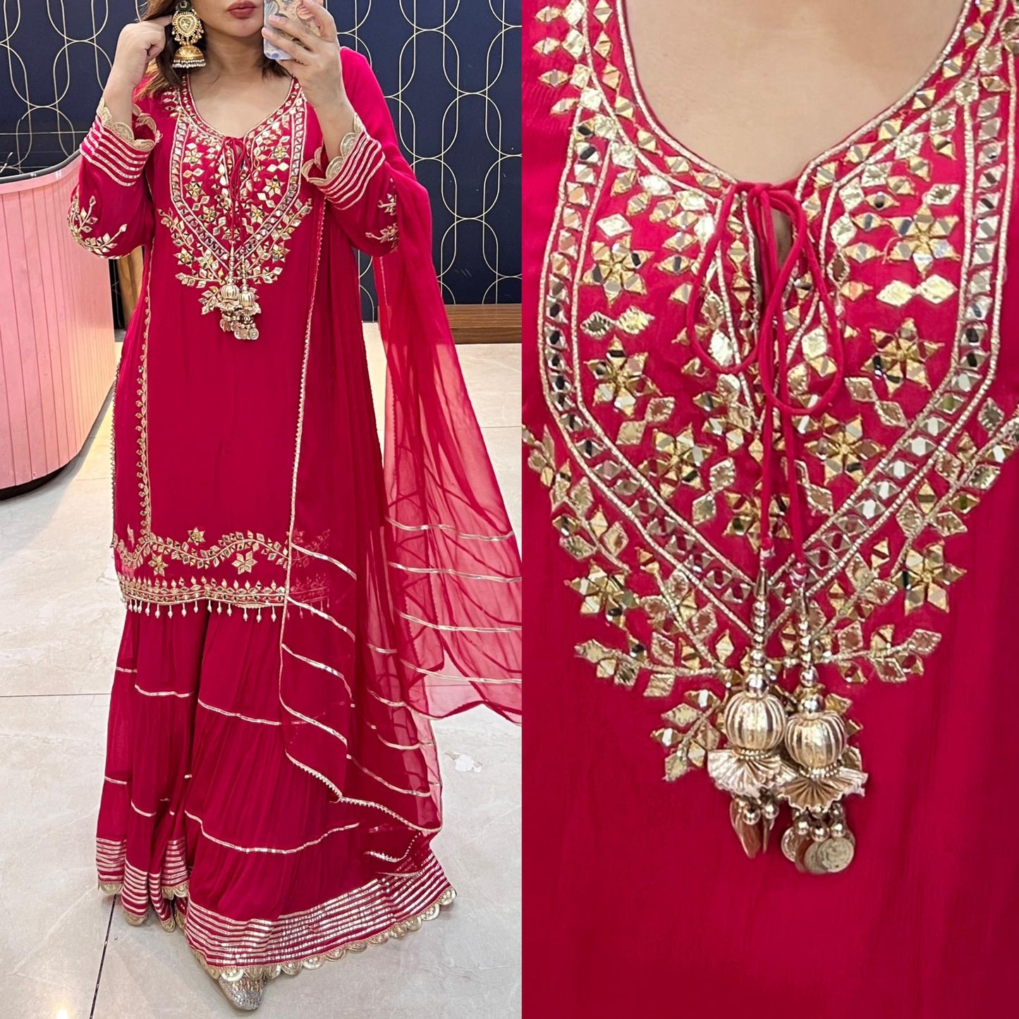 Article 1861 – Pure Chinon Sharara Suit with Mirror & Gota Patti Handwork | Premium Festive Wear
