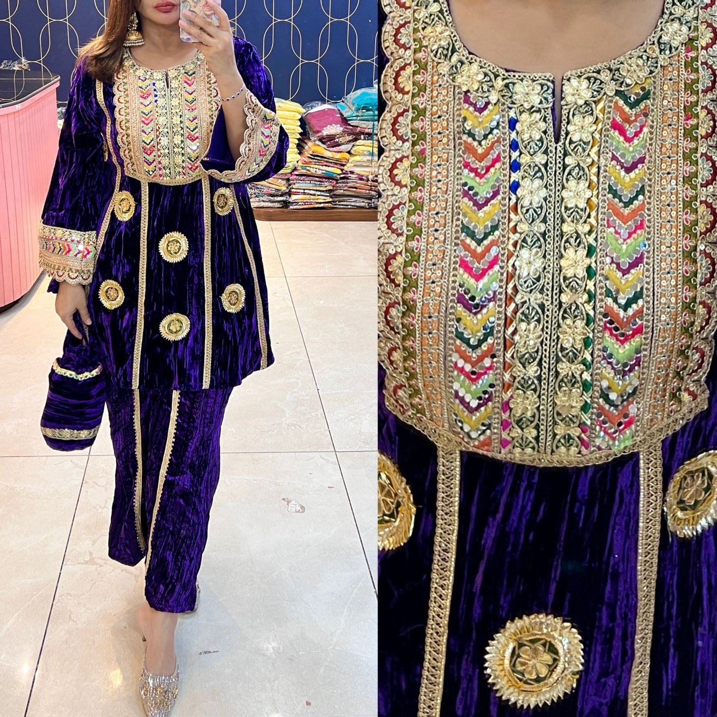 Article-1084 Pure Crushed Velvet Potli Cordset with Gota & Lace Work | Premium Velvet Suit Set | Sizes 40–46